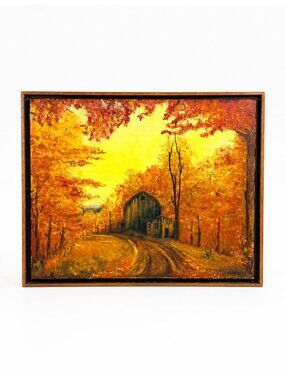 Oil Painting Fall Autum Barn Farm Scene Leaves Signed Ulrich Vintage Framed Wall